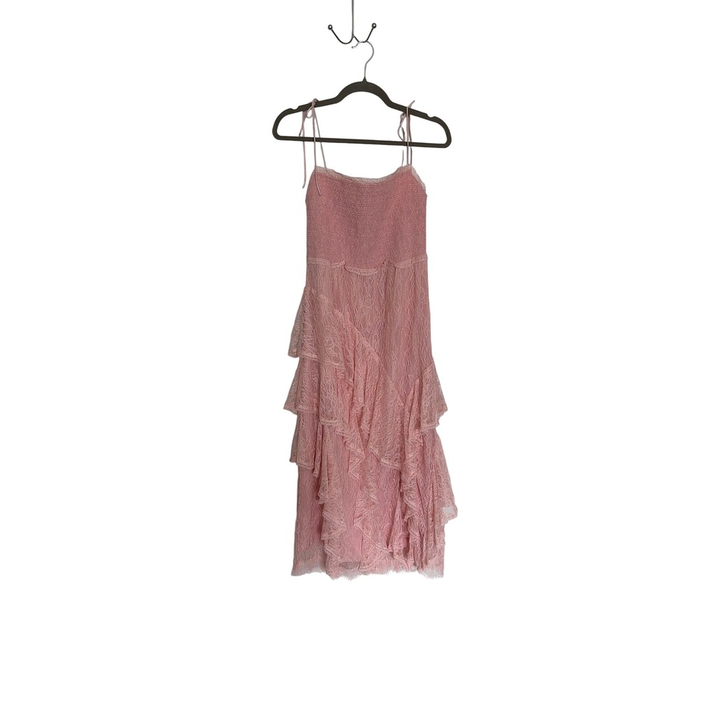 Midi Dress Lace Ruffle Coquette Alice + Olivia Womens Pink Smocked Tie Strap